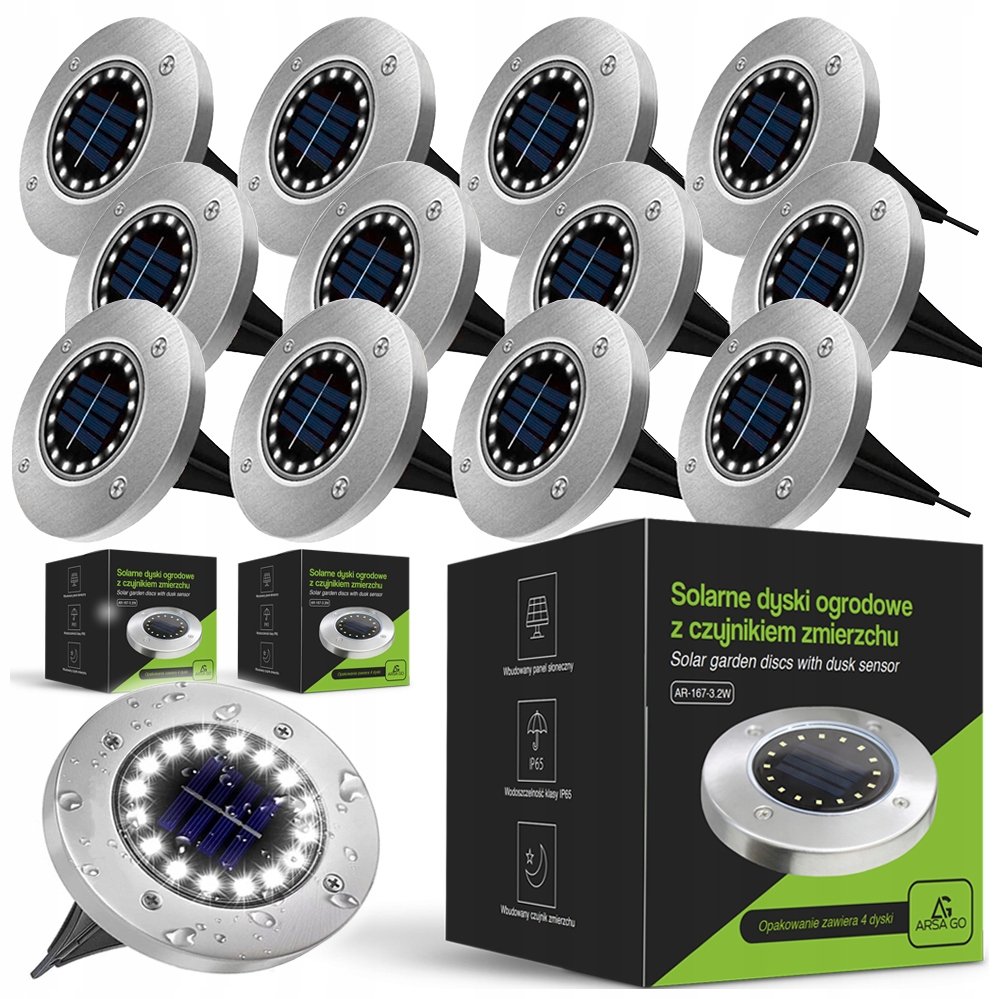 12X Lampa Solarna Led Ogrodowa Wbijana Dysk Do Ogrodu Gruntowa Mocna 16 Led