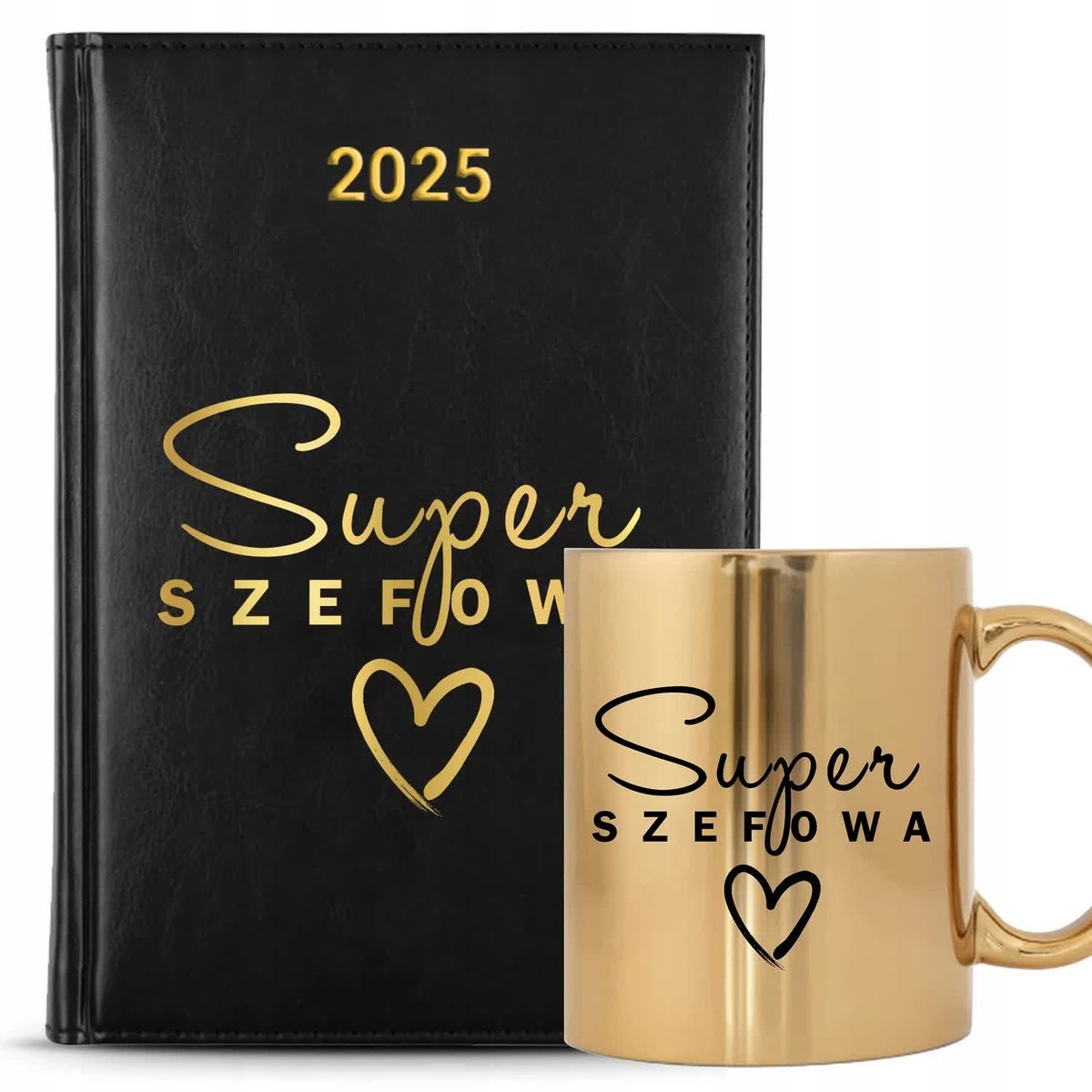 ZESTAW KALENDARZ CZARNY ZŁOTY KUBEK A5 2025 PREZENT DLA SUPER SZEFOWEJ GOLD