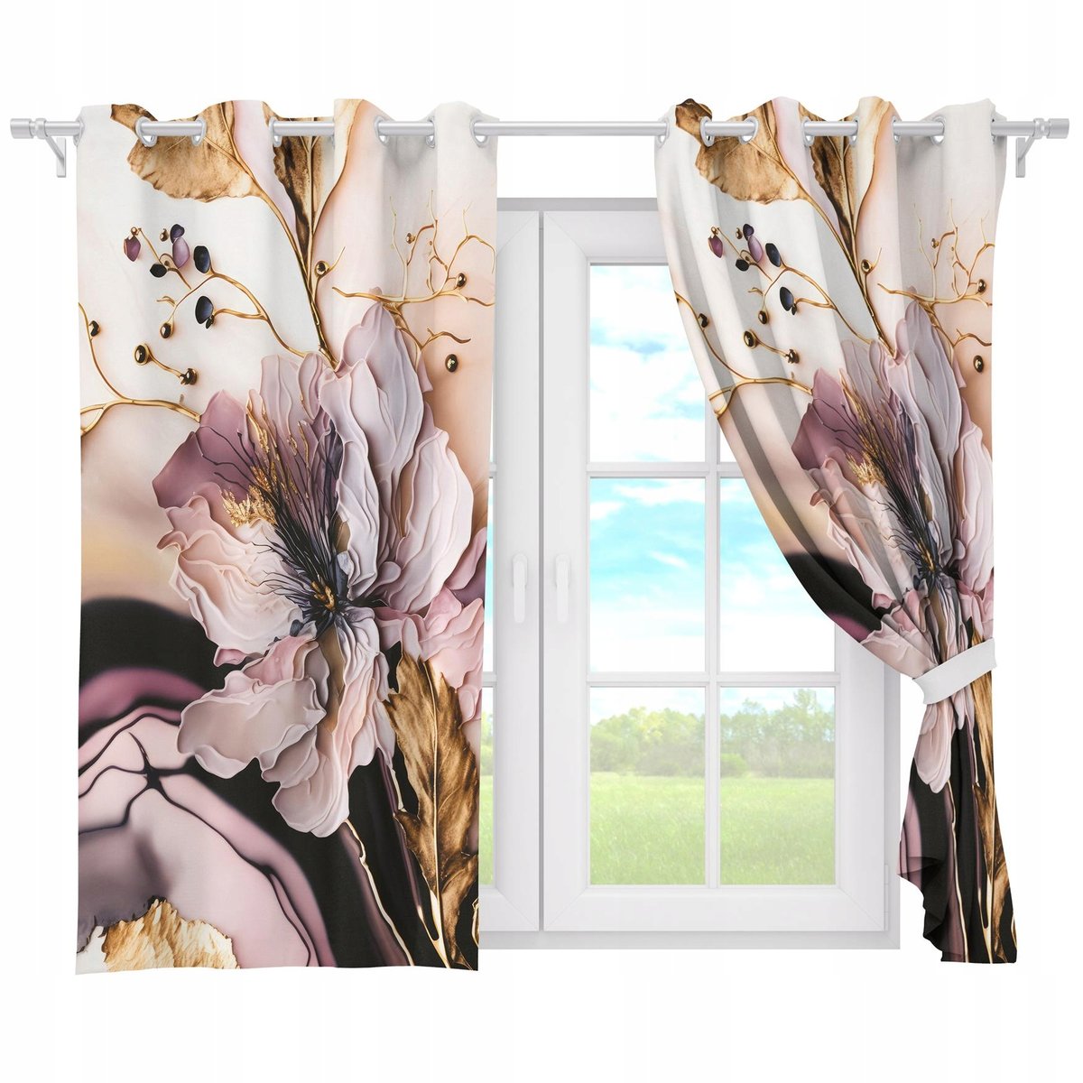 ZASŁONY GOTOWE NA PRZELOTKACH KRÓTKIE 140x160 ZASŁONA PRZELOTKI KWIATY 137