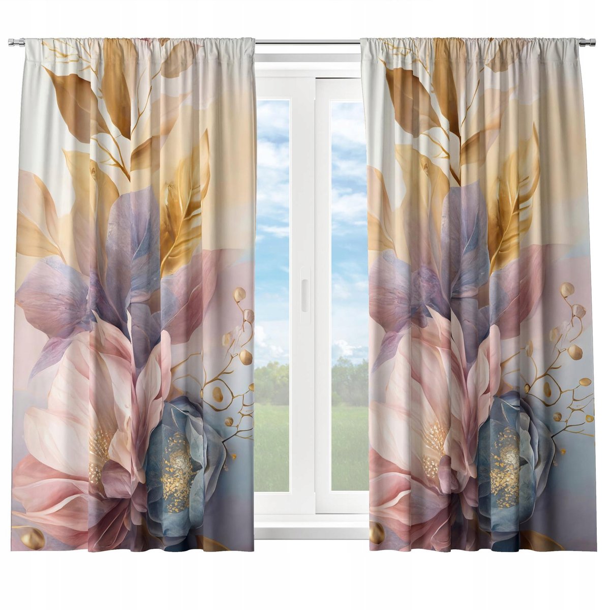 GOTOWE ZASŁONY KRÓTKIE NA ŻABKI TAŚMIE 140X160 ZASŁONA DO KUCHNI KWIATY 142