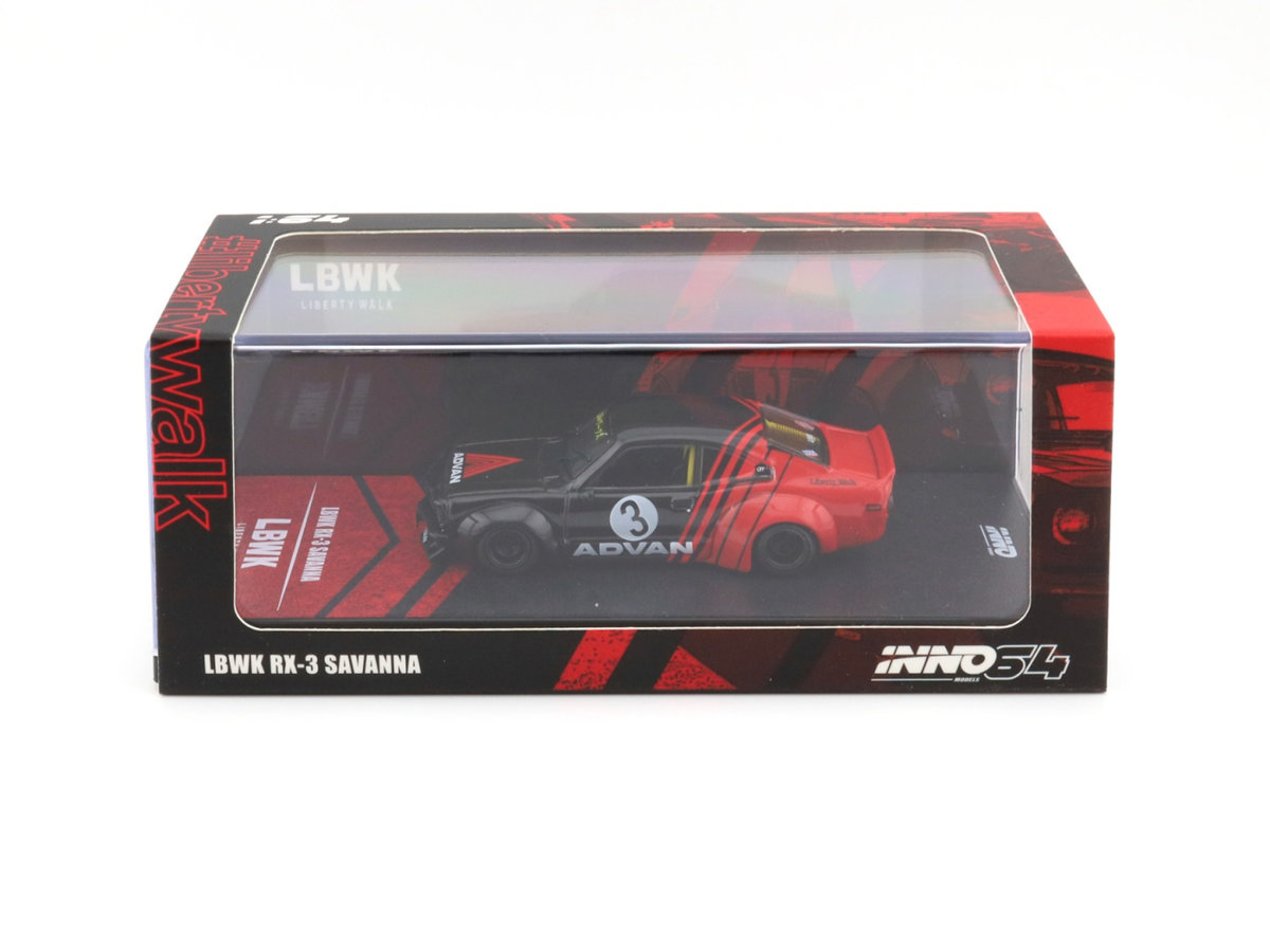 INNO64 Mazda RX-3 LBWK Savanna Advan Livery Black/Red Liberty Walk