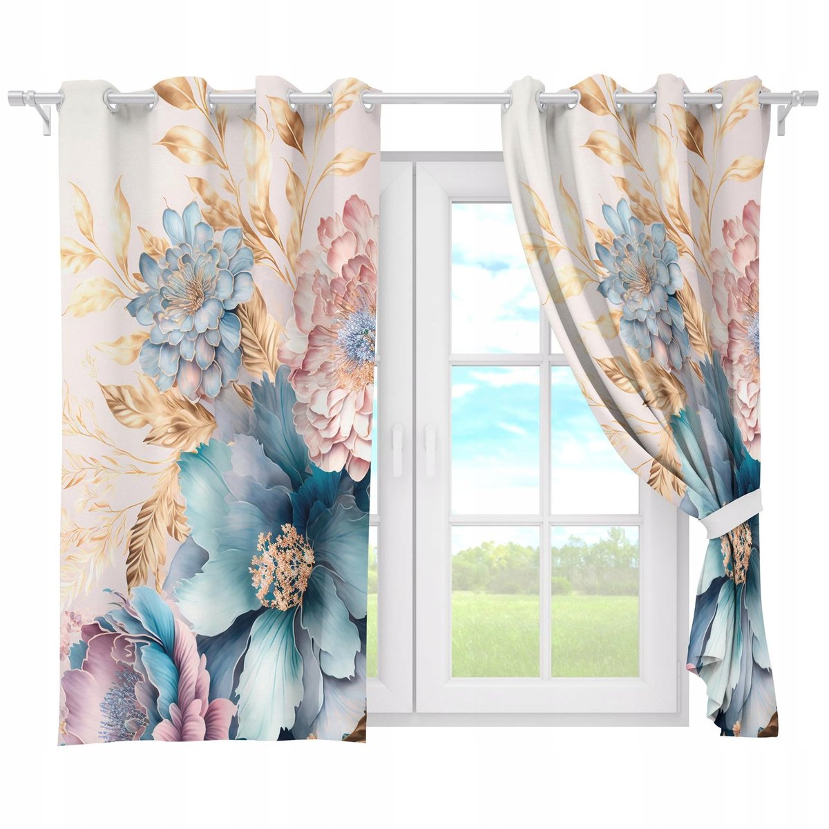 ZASŁONY GOTOWE NA PRZELOTKACH KRÓTKIE 140x160 ZASŁONA PRZELOTKI KWIATY 143