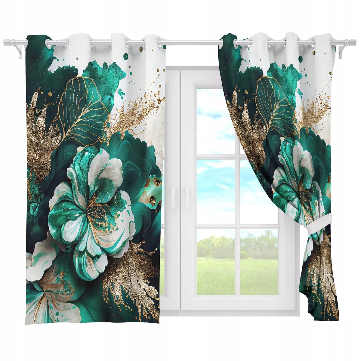 ZASŁONY GOTOWE NA PRZELOTKACH KRÓTKIE 140x160 ZASŁONA PRZELOTKI KWIATY 174