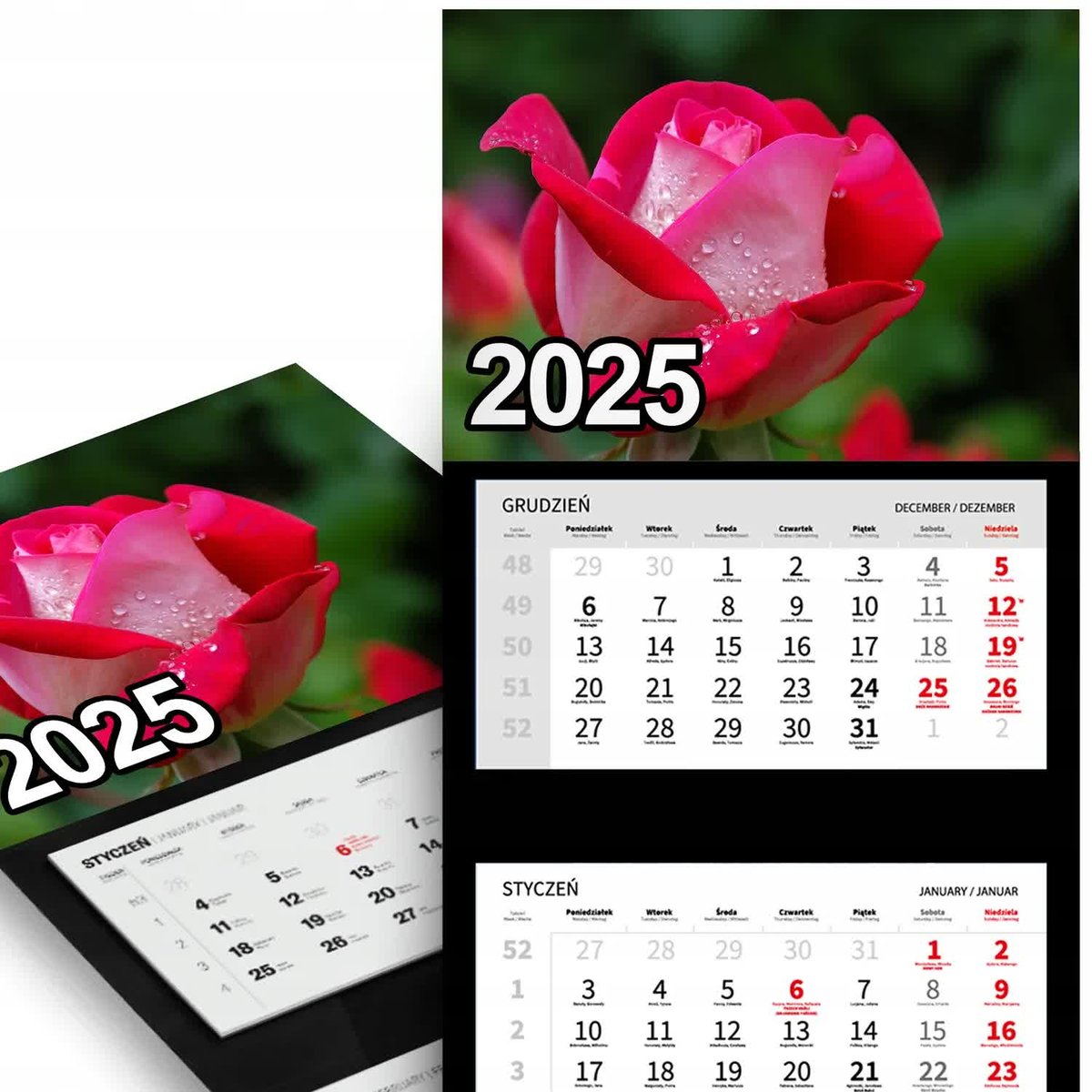 KALENDARZ TRÓJDZIELNY ŚCIENNY 2025 Miesięczny - Pąk Róży Krople Rosy Wzory