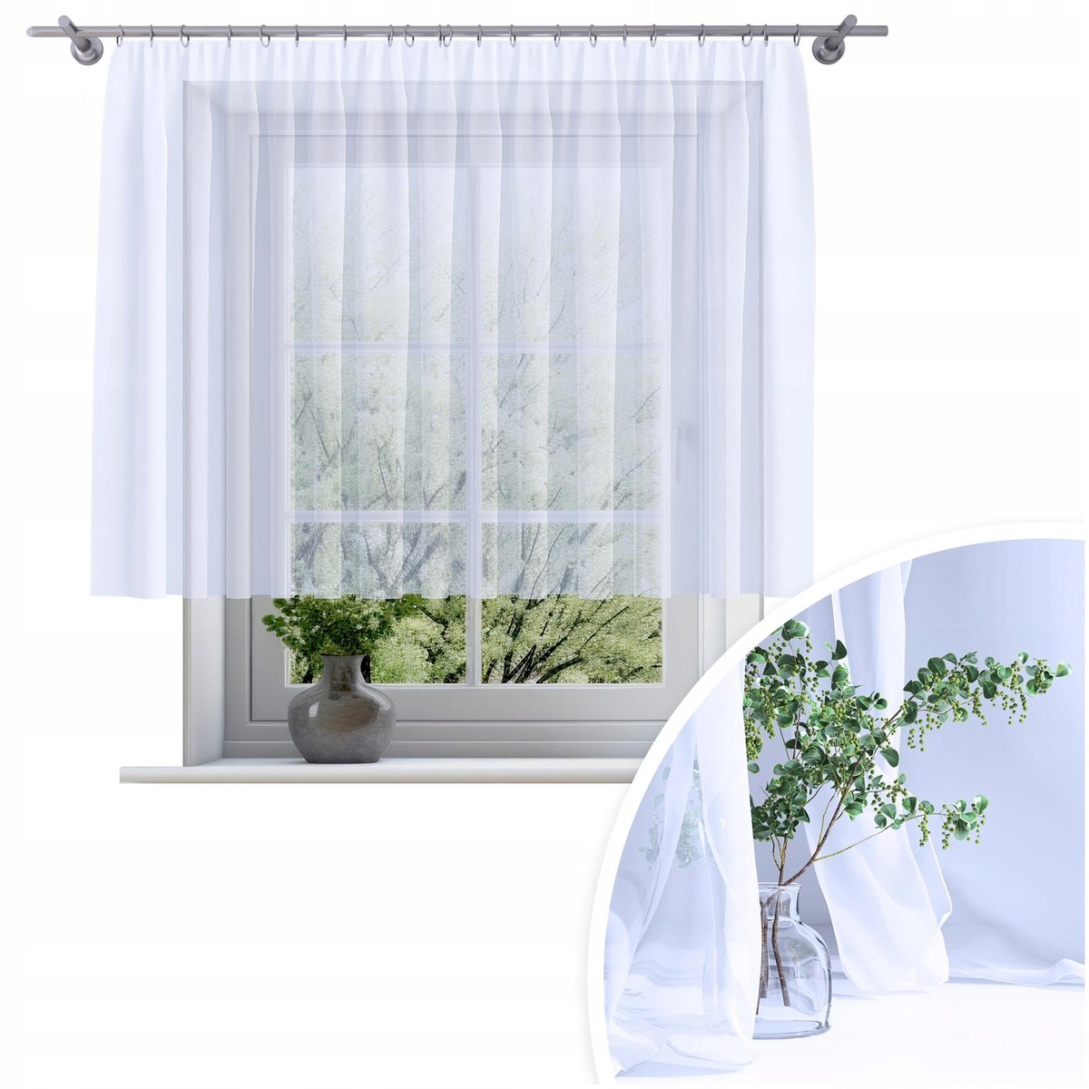 FIRANA GOTOWA WOAL BIAŁA 200x130 CM ZASŁONA FIRANKA NA ŻABKI TAŚMIE FIRANY