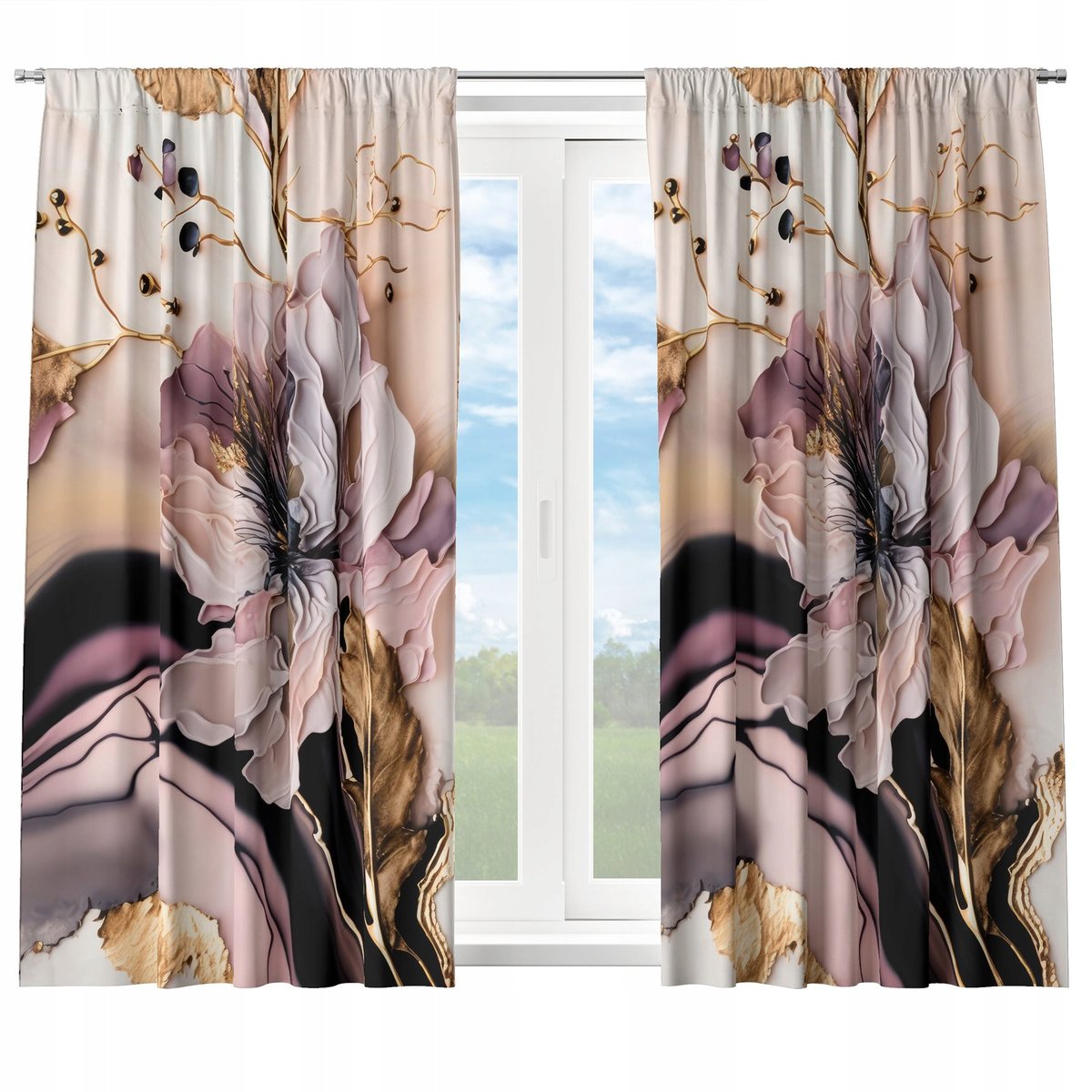 GOTOWE ZASŁONY KRÓTKIE NA ŻABKI TAŚMIE 140X160 ZASŁONA DO KUCHNI KWIATY 137