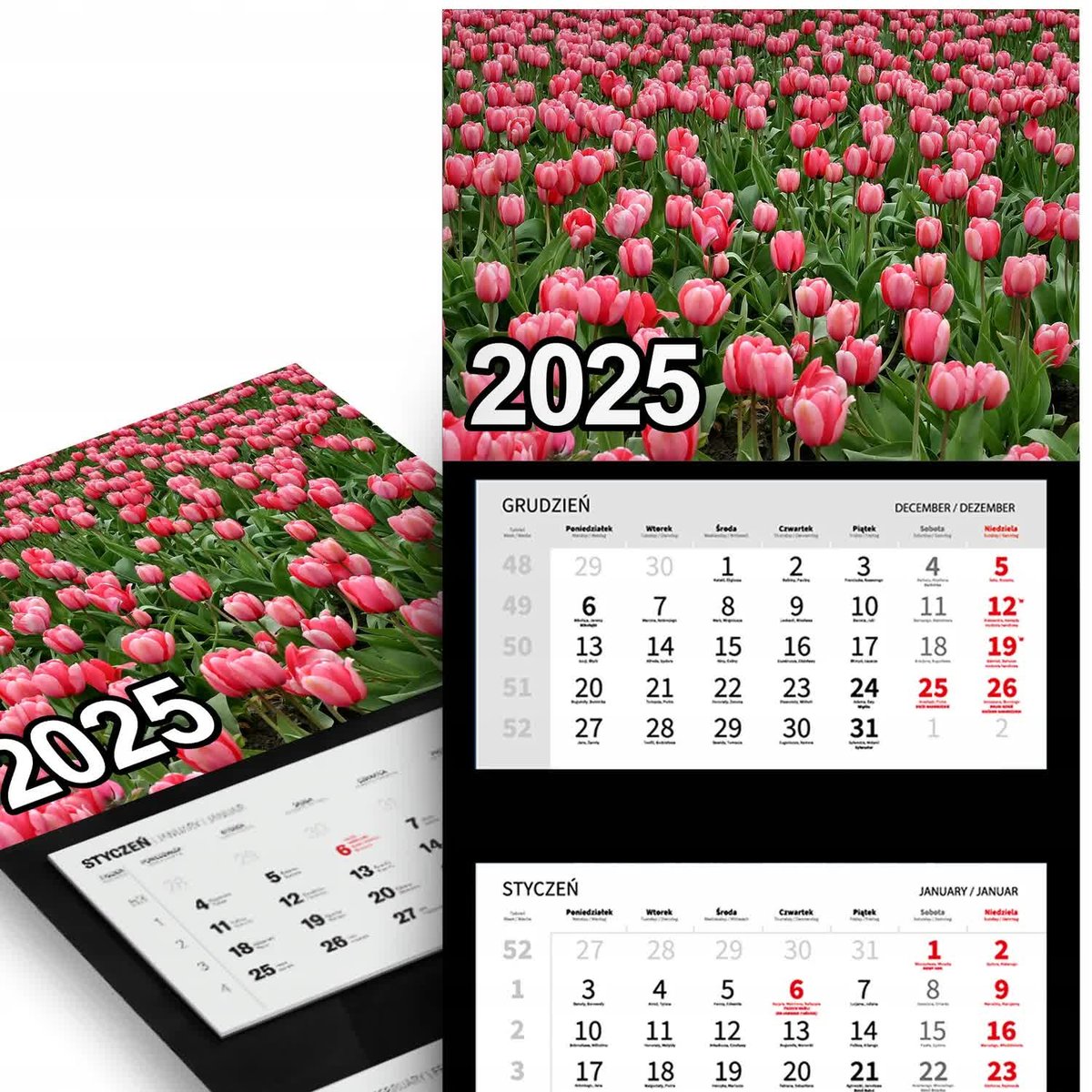 KALENDARZ TRÓJDZIELNY ŚCIENNY 2025 ROK Miesięczny - Łąka Kwiatowa Wzory