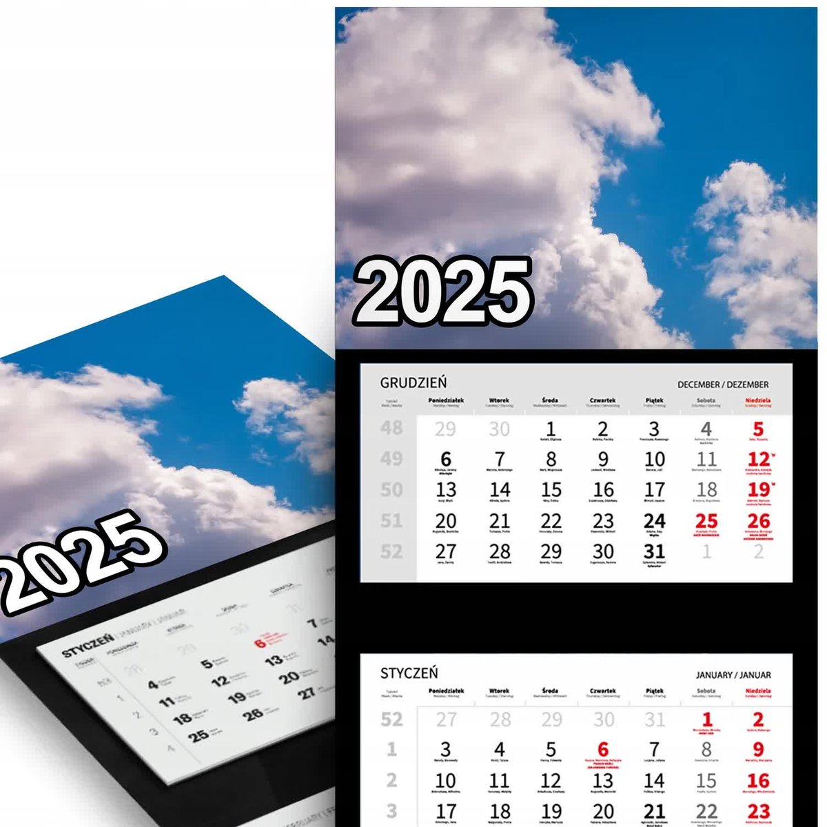KALENDARZ TRÓJDZIELNY ŚCIENNY 2025 ROK Miesięczny - Puszyste Chmury Wzory