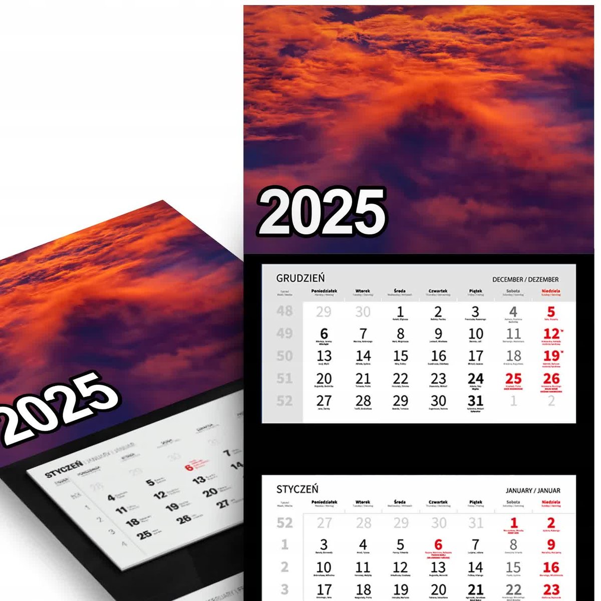 KALENDARZ TRÓJDZIELNY ŚCIENNY 2025 Miesięczny - Chmury Zachód Słońca Wzory