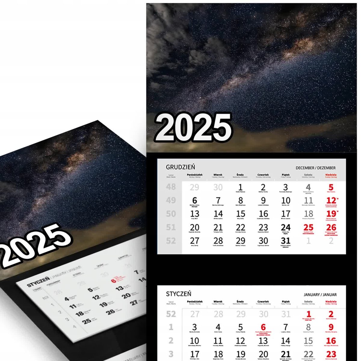 KALENDARZ TRÓJDZIELNY ŚCIENNY 2025 Miesięczny - Ciemne Chmury Burzowe Wzory