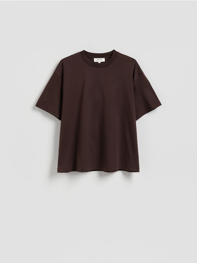 Reserved - Bawełniany t-shirt oversize - ciemnobrązowy
