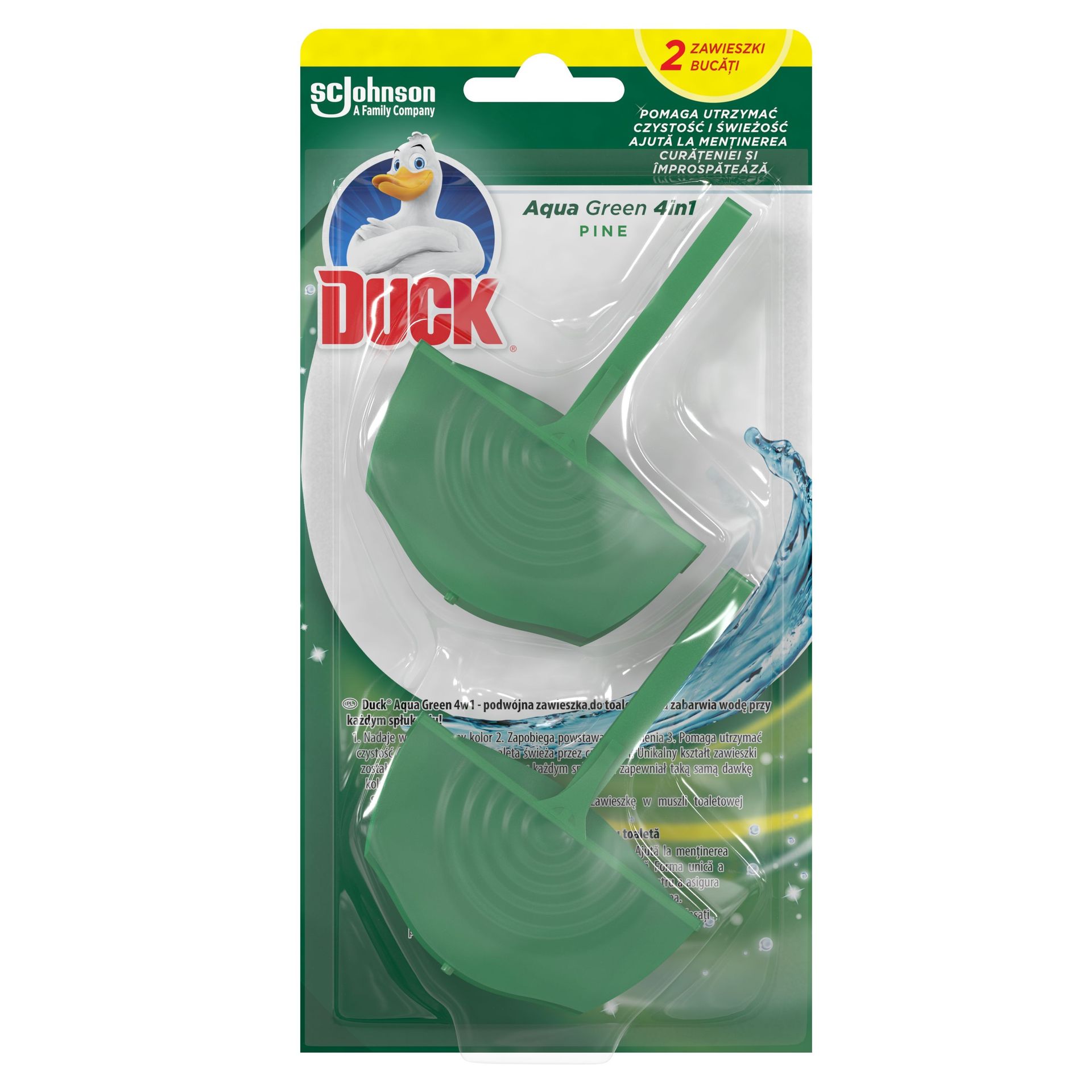 Podwójna zawieszka do toalet barwiąca wodę na zielono Duck Aqua Green 4w1 2x36g