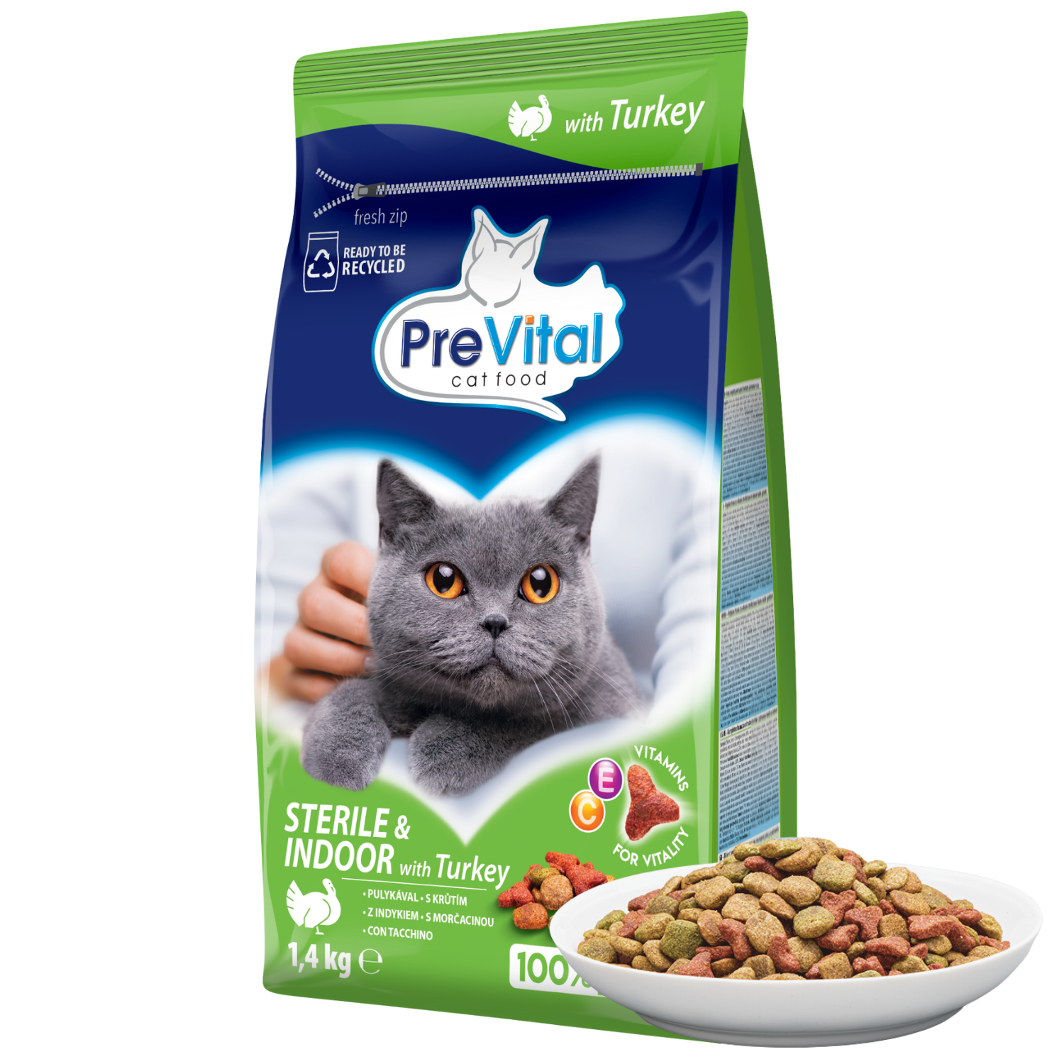 Sucha karma dla kotów niewychodzących i po sterylizacji PreVital z indykiem 1,4 kg