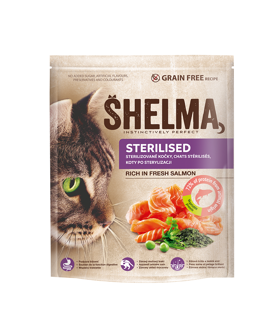 Bezzbożowa sucha karma dla kotów sterylizowanych z łososiem Shelma 1,4 kg