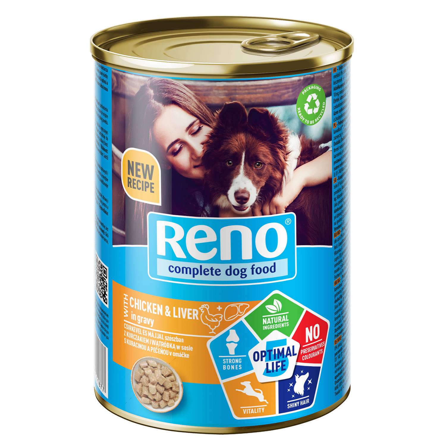Mokra karma dla psa kawałki z kurczakiem i wątróbką w sosie 415g Reno