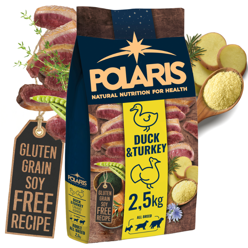 Pełnowartościowa karma sucha z kaczką i indykiem dla dorosłych psów wszystkich ras Polaris 2,5 kg