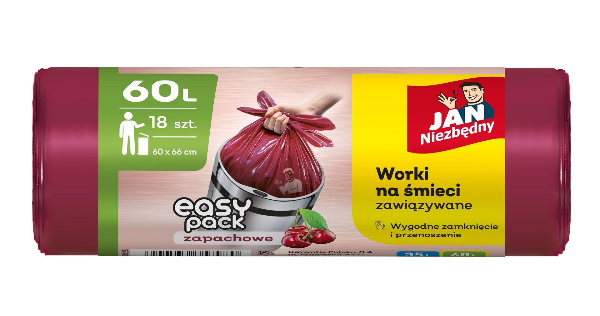 Wiśniowe worki na śmieci zapachowe Easy Pack Jan Niezbędny 60L, 18 szt.