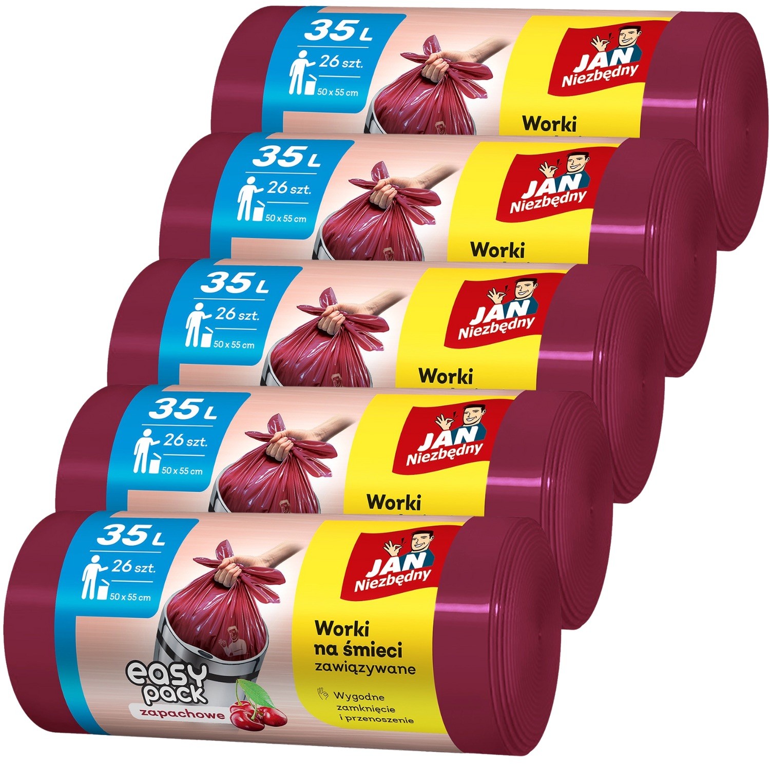 Zestaw 5x zapachowych wiśniowych worków na śmieci Easy-Pack Jan Niezbędny, 35L - 130 szt.