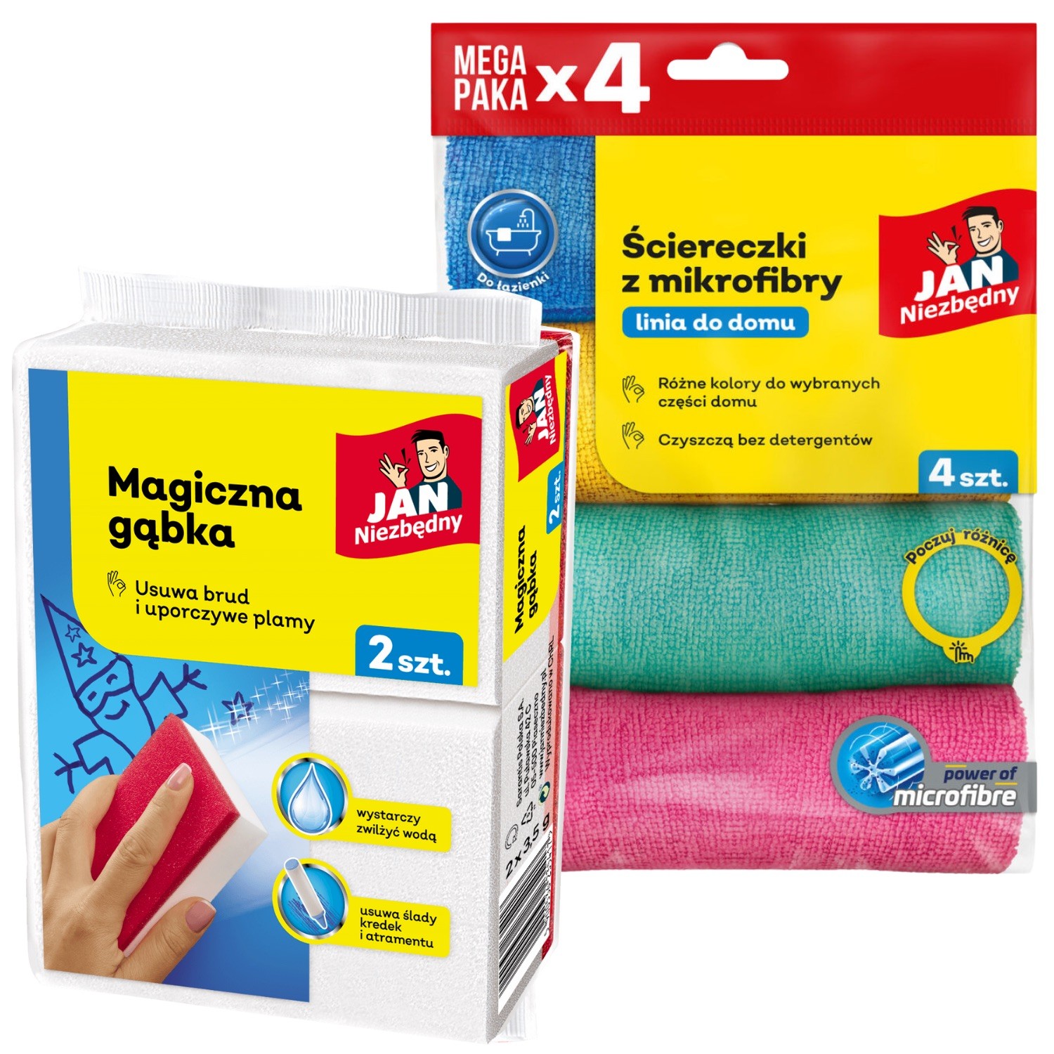 Zestaw kolorowe ściereczki z mikrofibry (4 szt.) + Magiczna gąbka (2 szt.) Jan Niezbędny