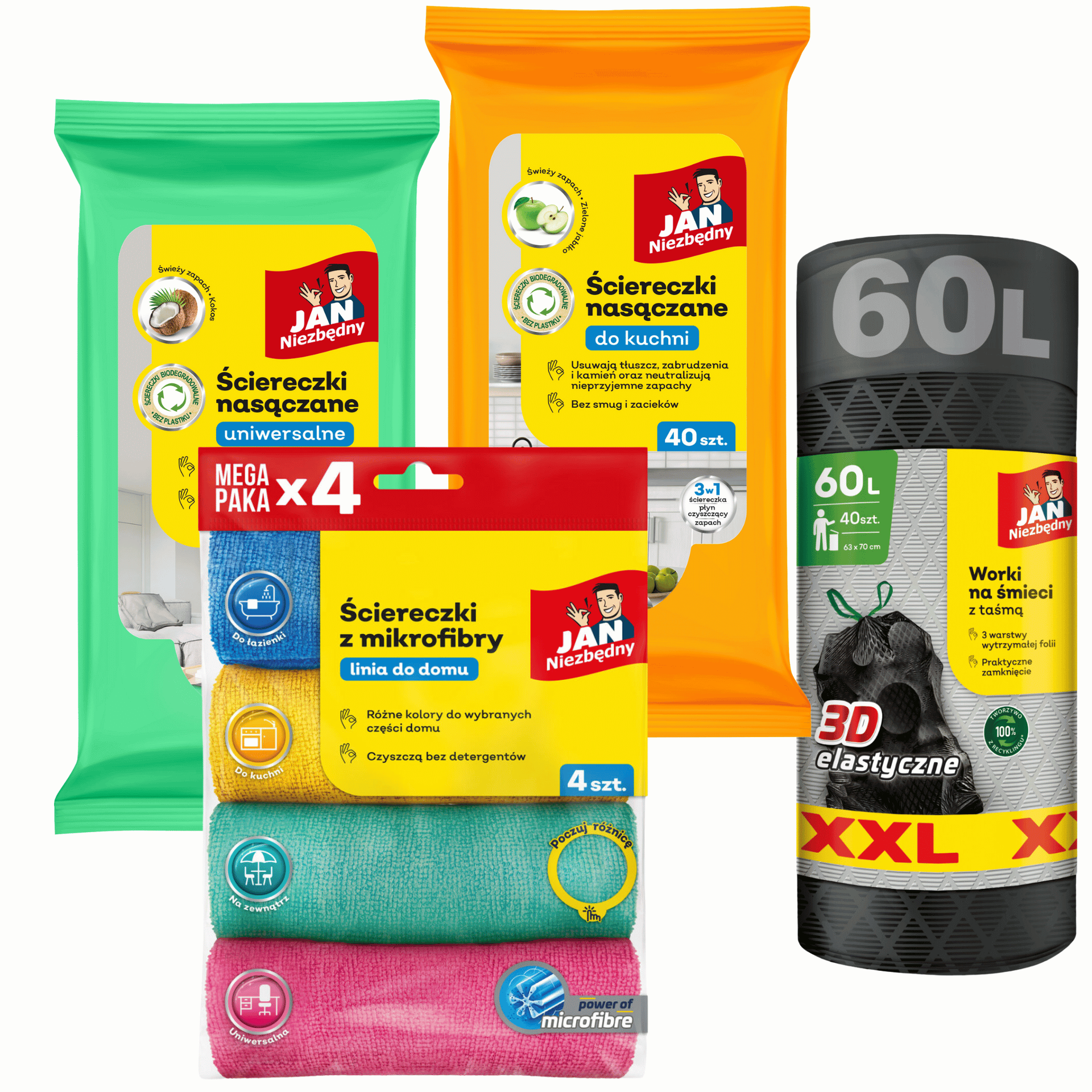 Zestaw Jan Niezbędny 2x Ściereczki nasączane + 4x Ścierka z mikrofibry + Worki na śmieci 60L