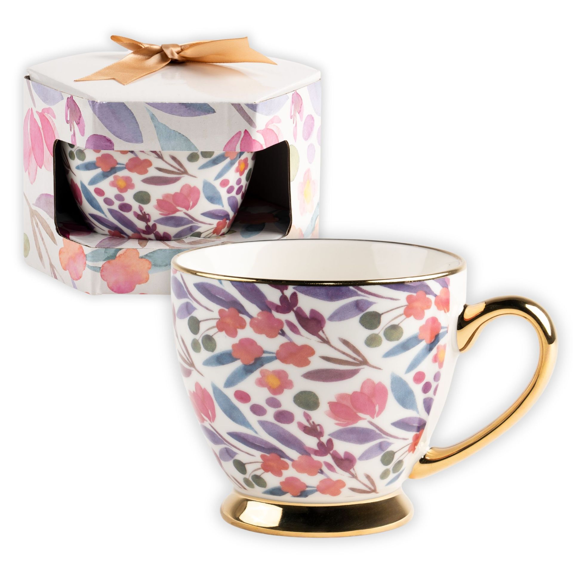 Porcelanowa filiżanka w kwiaty ze złotym uchem w opakowaniu prezentowym 440 ml