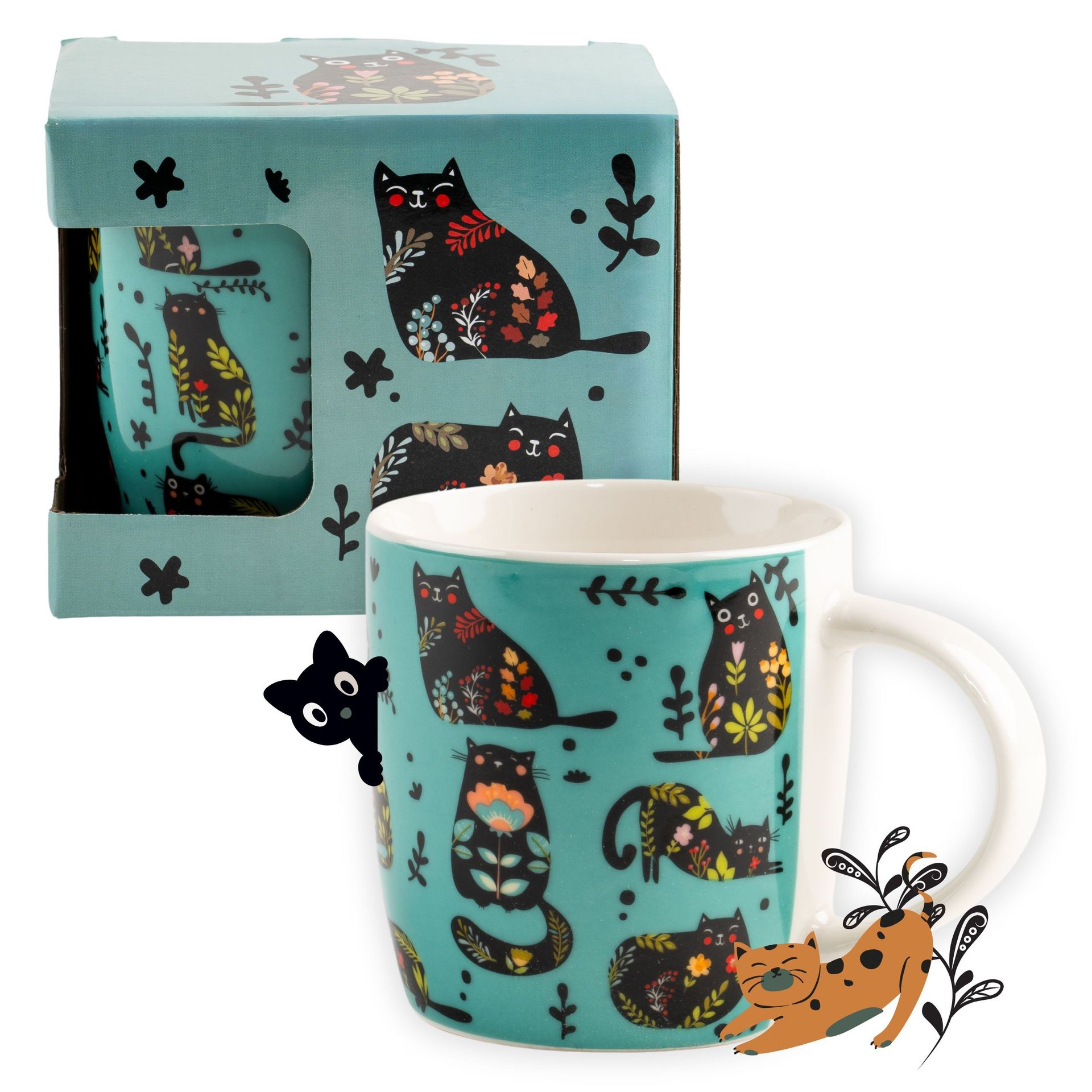 Zielony kubek porcelanowy z wzorem w kotki w opakowaniu prezentowym 330 ml