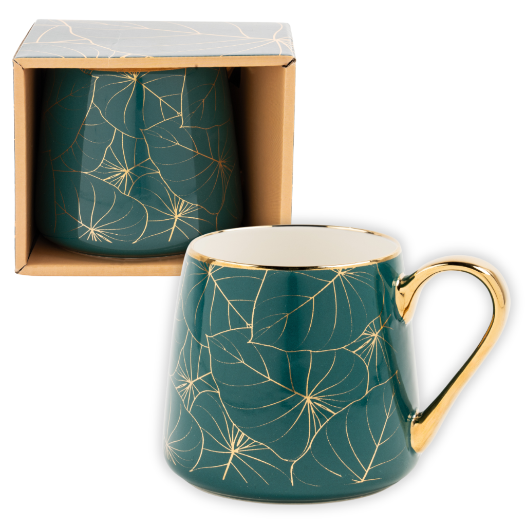 Złocony kubek z porcelany z wzorem liści w opakowaniu prezentowym 550 ml