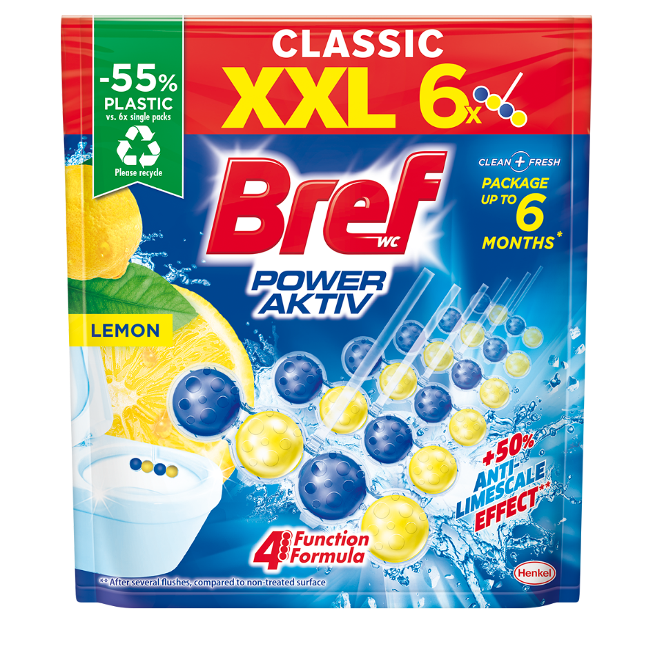 Zapachowe zawieszki do WC z efektem odświeżacza powietrza Bref Power Aktiv Lemon, 6x50g
