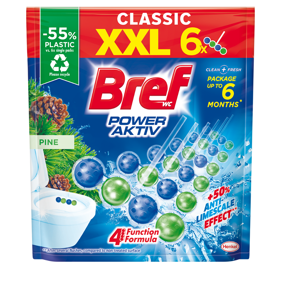 Odświeżające kostki do WC Bref Power Aktiv o zapachu sosny, duża paczka 6x50 g
