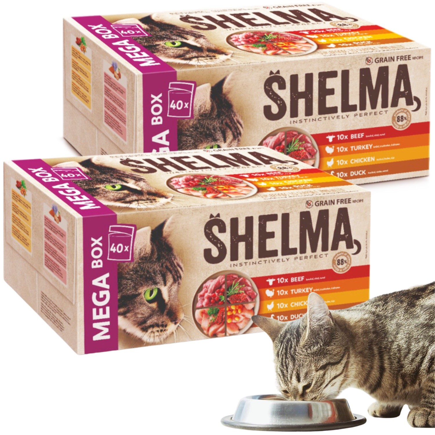 Pożywna mokra karma dla kota Mega Box Shelma - 2x40 saszetek po 85 g