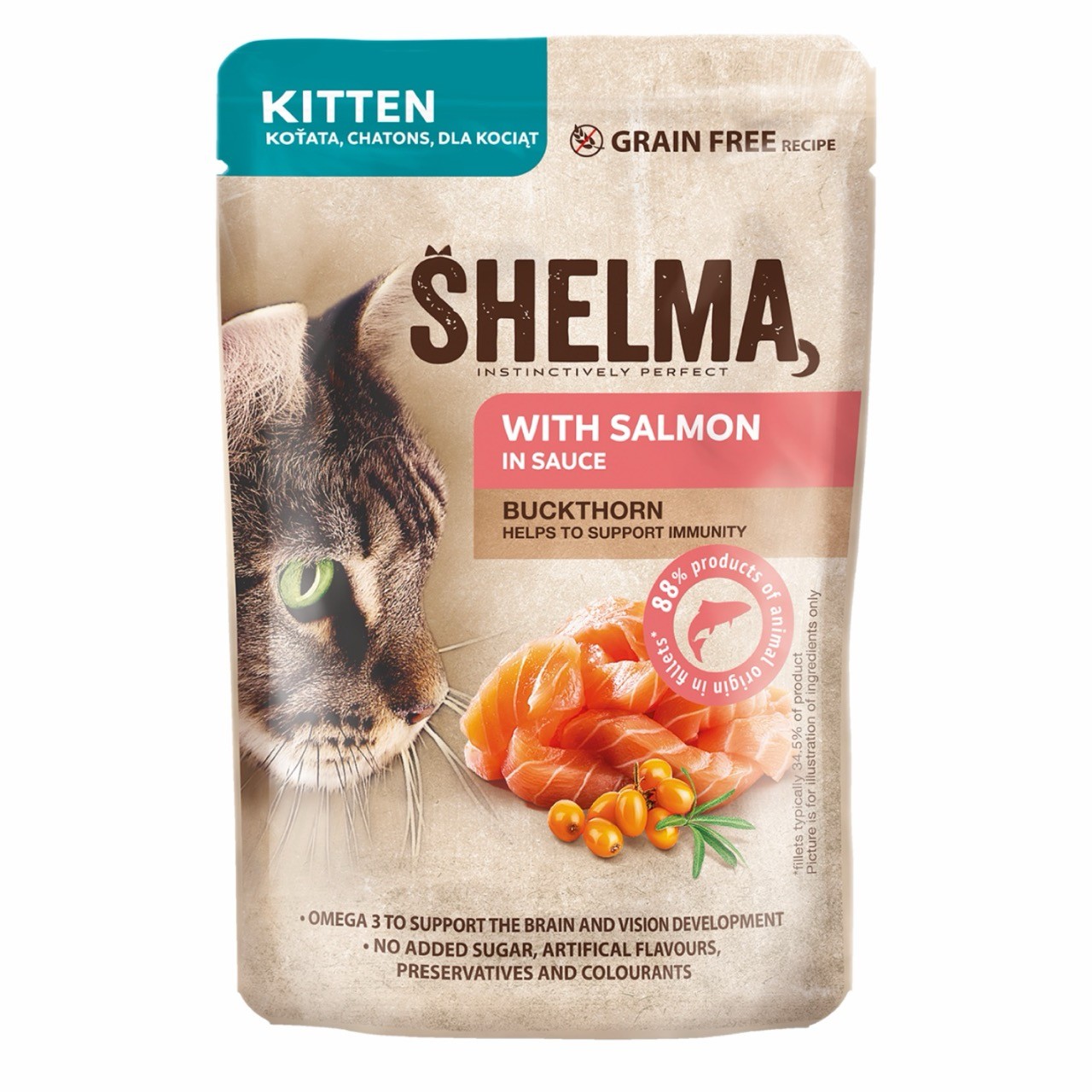 Bezzbożowa mokra karma dla kociąt bogata w łososia w sosie Shelma 85g
