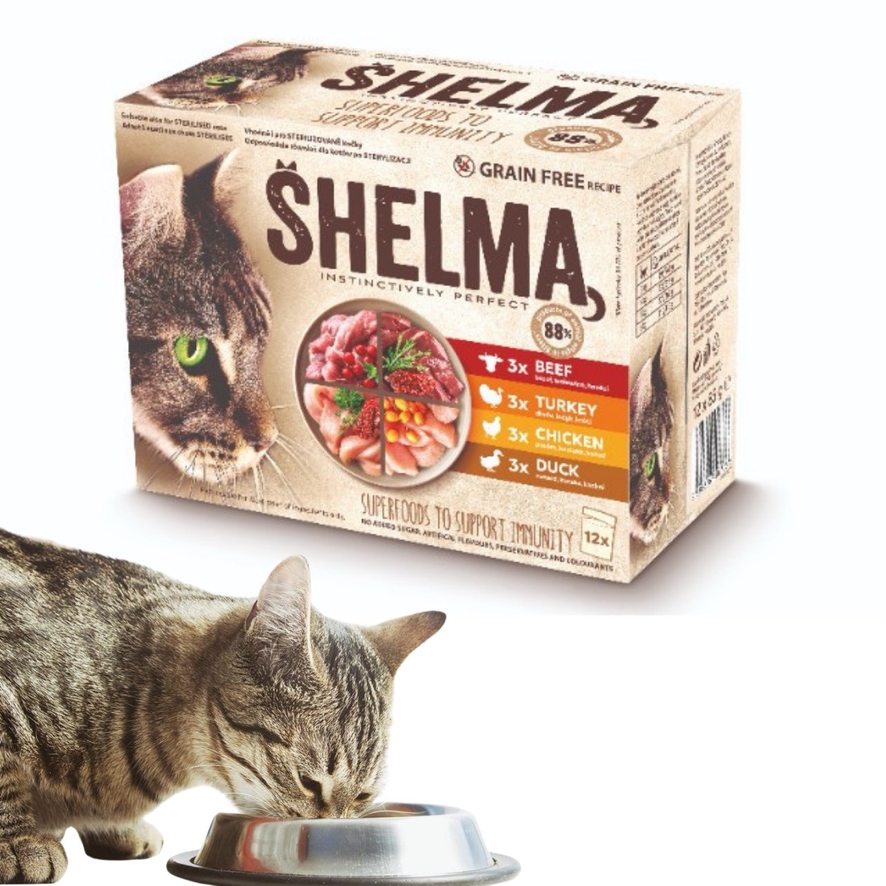 Zestaw mokrej karmy dla kota, mix 4 smaków Shelma 12x 85 g
