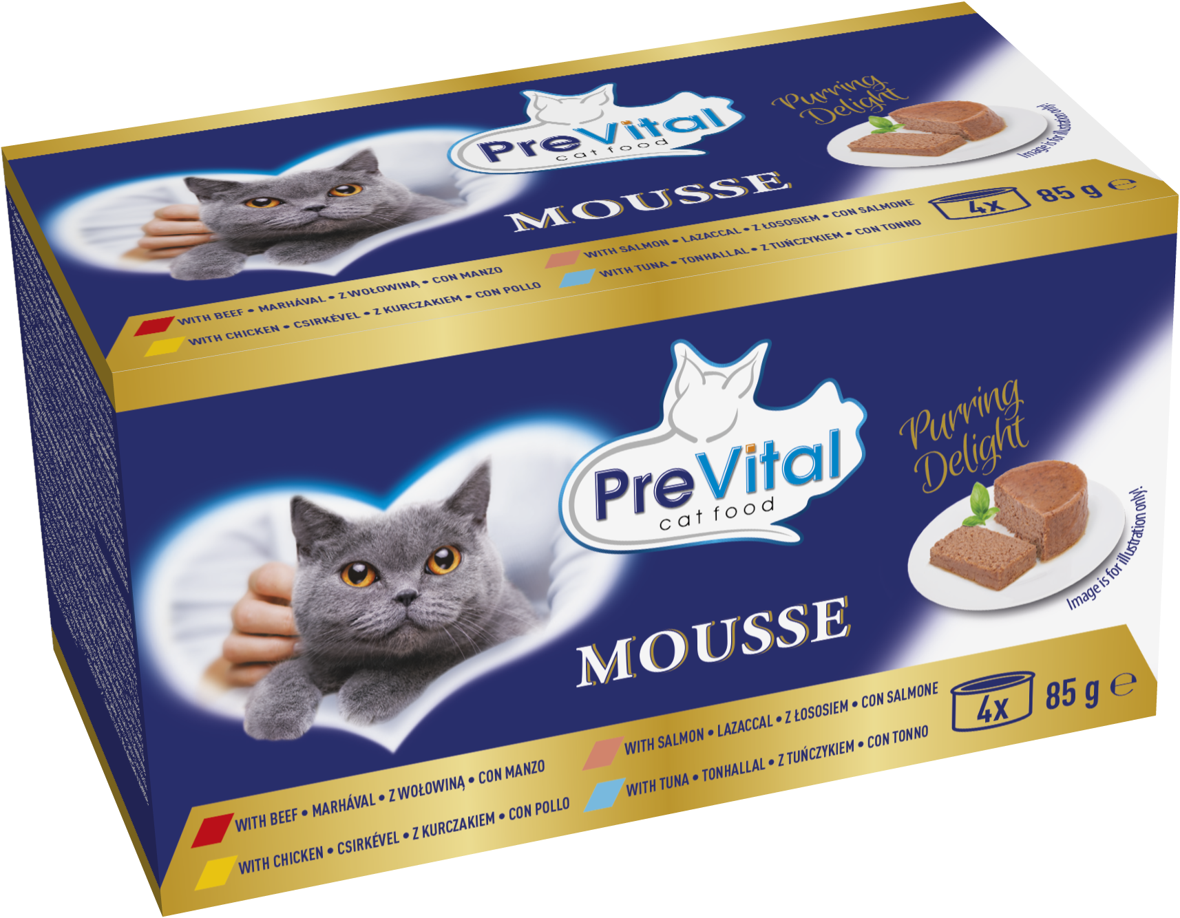Mus dla dorosłych kotów, mix 4 smaków PreVital mini puszka 4x 85 g