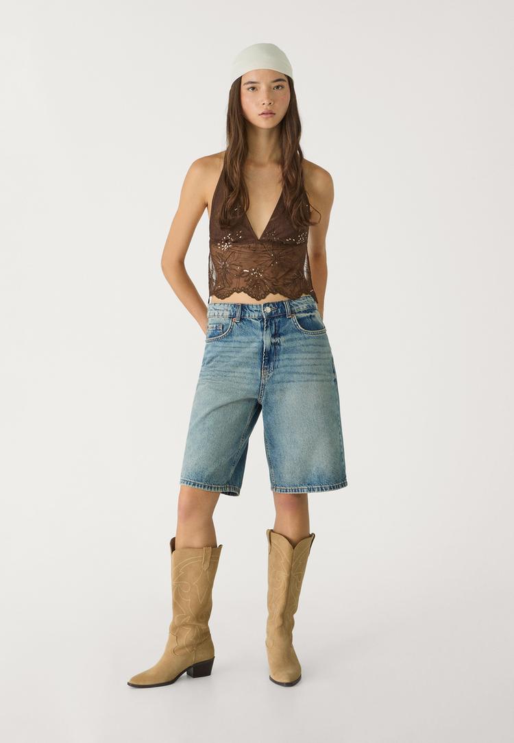 Stradivarius Top z dekoltem halter, haftowany z błyszczącymi detalami Brązowy XS