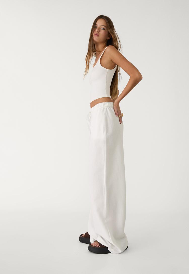 Stradivarius Lniane spodnie wide leg Biały M
