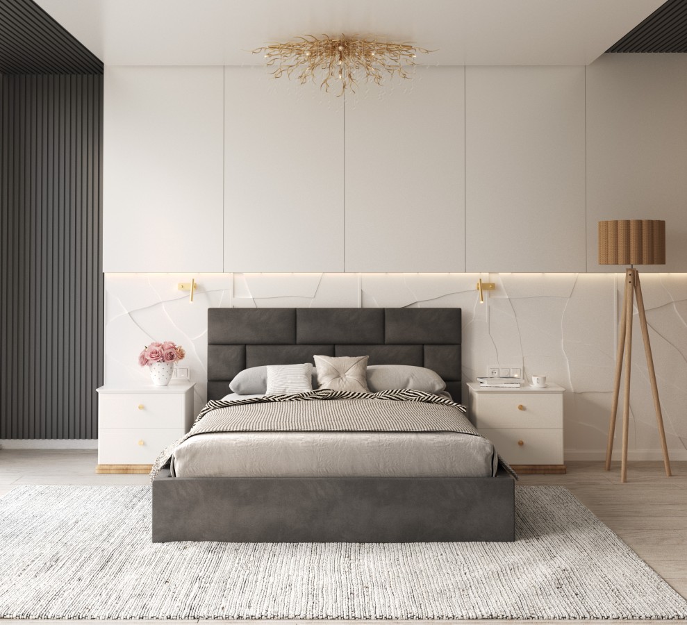 Łóżko tapicerowane PASADENA z pojemnikiem i stelażem podnoszonym - 160x200 - TRINITY - Grafitowy