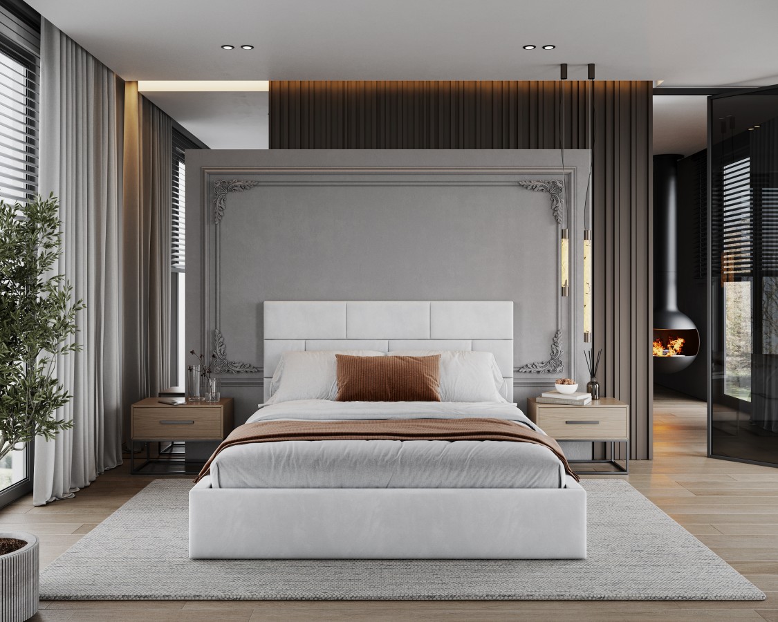 Łóżko tapicerowane PASADENA z pojemnikiem i stelażem podnoszonym - 90x200 - PARIS - White