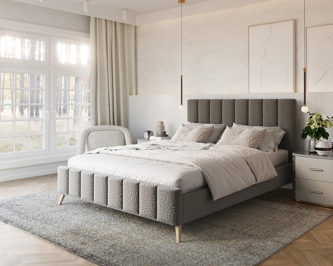 Łóżko tapicerowane FRASCA tkanina Boucle - 160x200 - BOUCLE - Szary