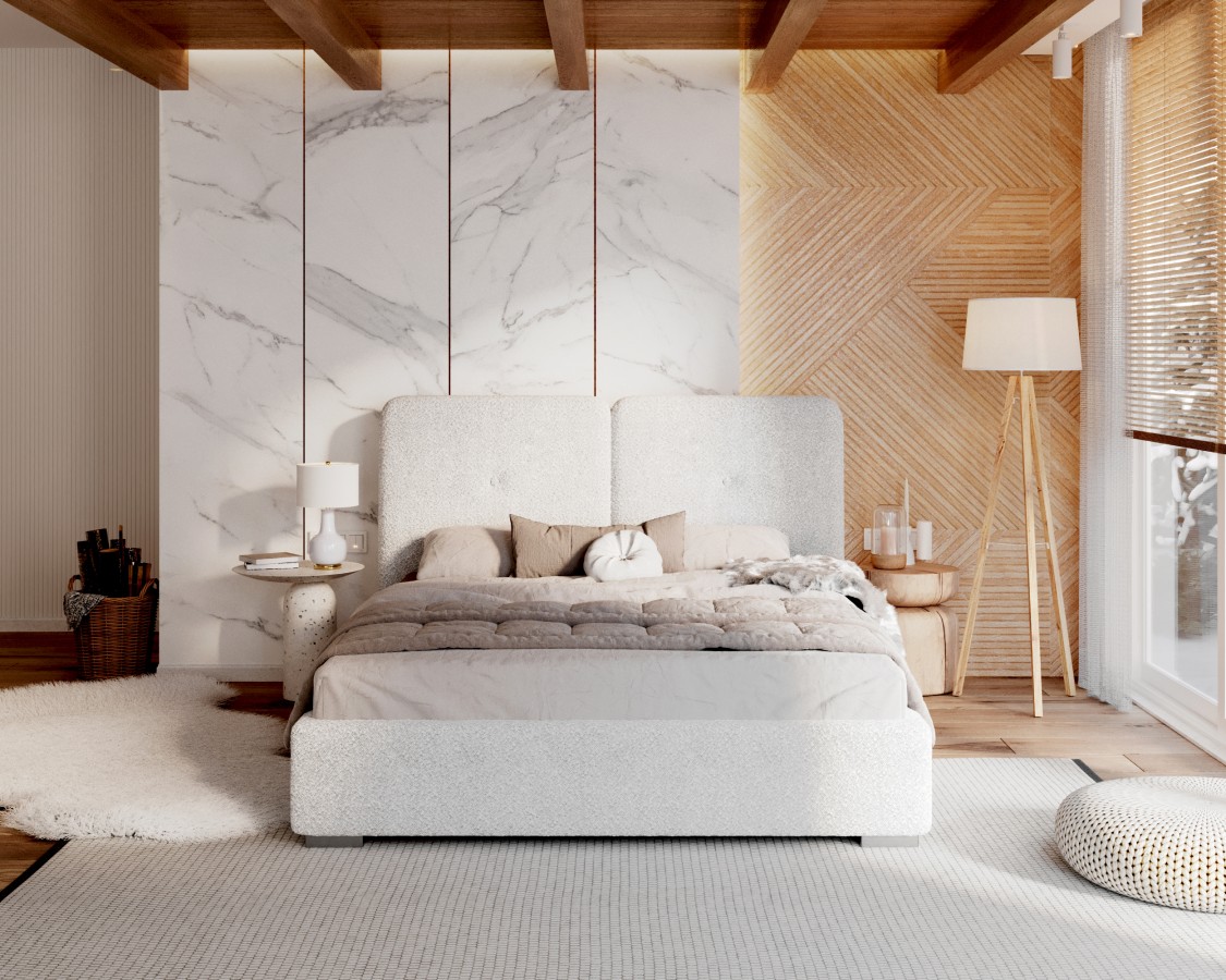 Łóżko tapicerowane BEDRETTO z pojemnikiem, tkanina Cleo - Baranek - 140x200 - CLEO - Biały