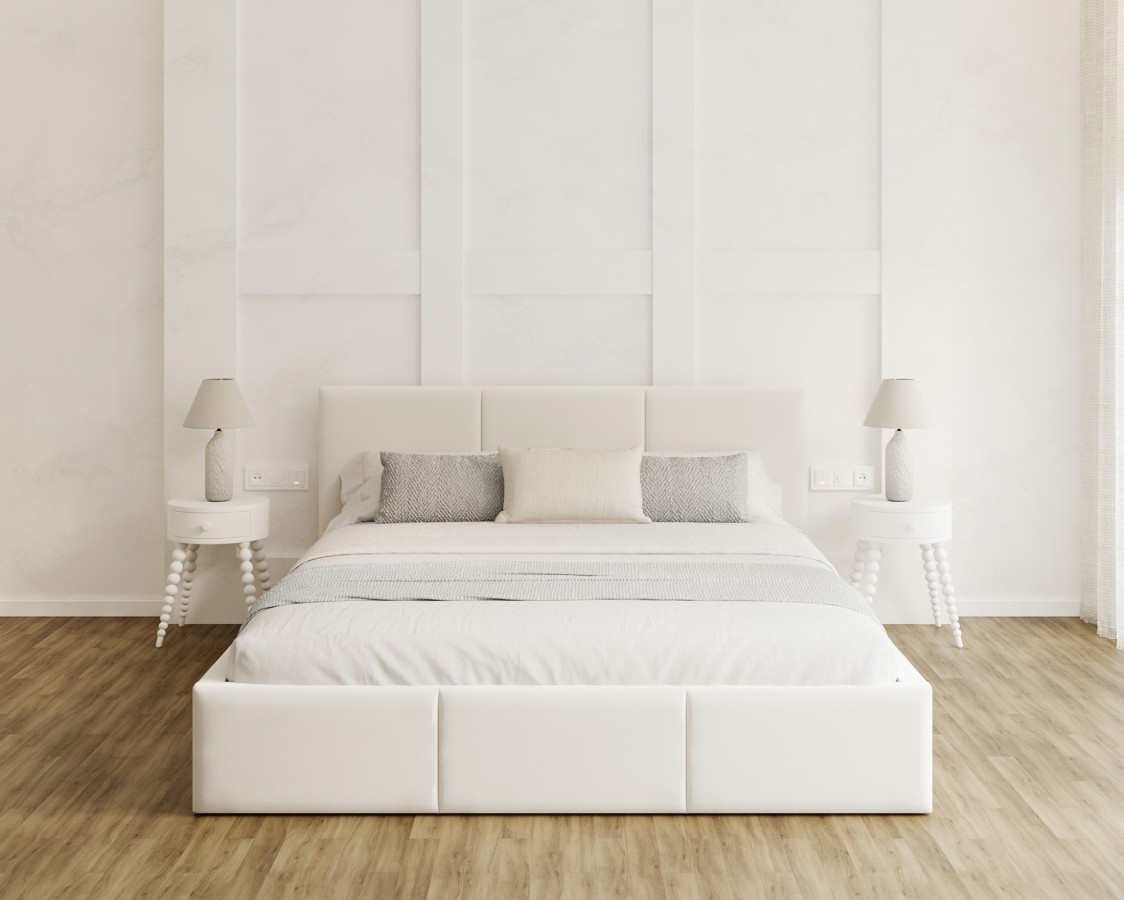 Łóżko tapicerowane FRESIA z pojemnikiem i stelażem podnoszonym - 90x200 - PARIS - White
