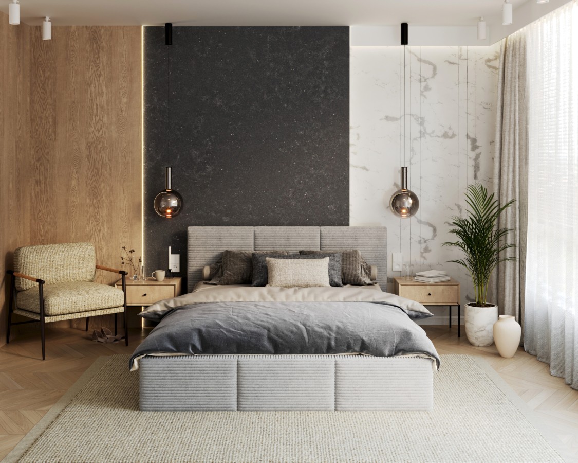 Łóżko tapicerowane FRESIA z pojemnikiem i stelażem podnoszonym - 140x200 - SZTRUKS - Szary