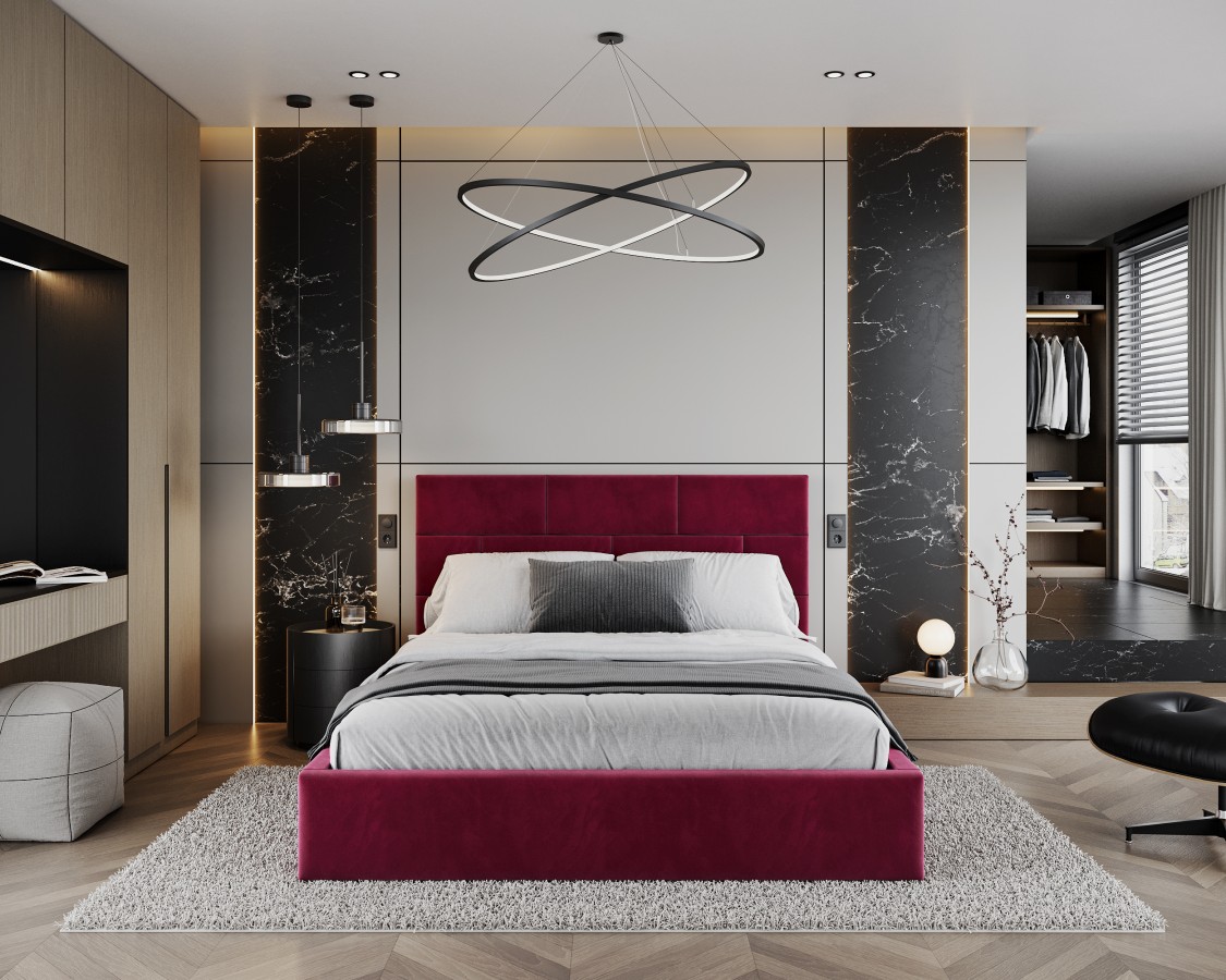 Łóżko tapicerowane PASADENA z pojemnikiem i stelażem podnoszonym - 140x200 - PARIS - Wine