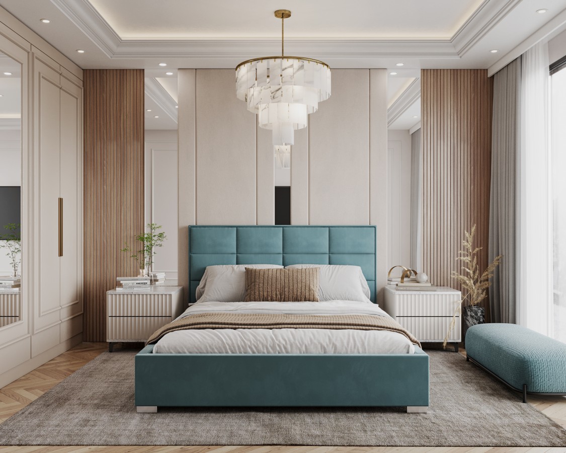 Łóżko tapicerowane APOLLO z pojemnikiem i stelażem podnoszonym - 120x200 - TRINITY - Turkusowy