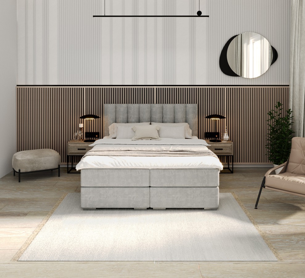 Łóżko kontynentalne LINCOLN materace, 2 pojemniki na pościel - 140x200 - TRINITY - Szary