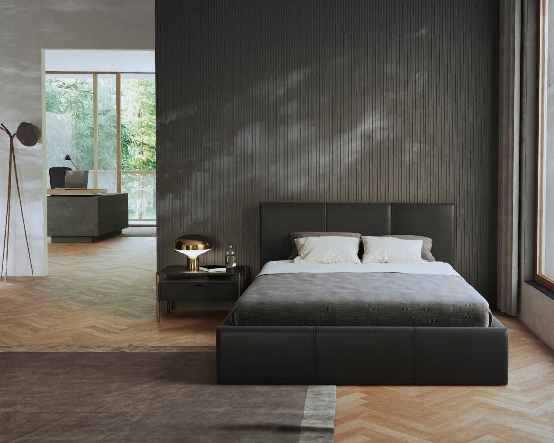 Łóżko skóra naturalna PRESTIGE z pojemnikiem i stelażem podnoszonym - 140x200 - SKÓRA NATURALNA - Skóra naturalna czarny