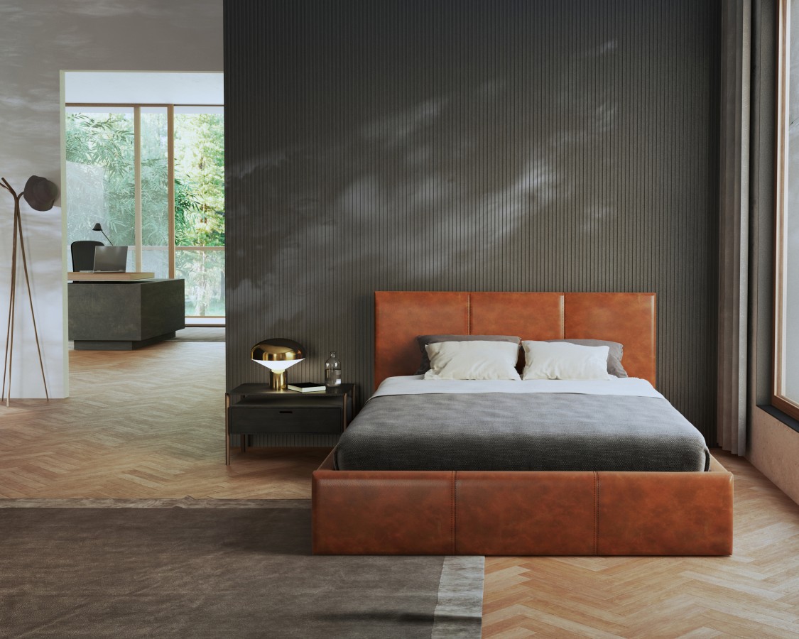 Łóżko skóra naturalna PRESTIGE z pojemnikiem i stelażem podnoszonym - 180x200 - SKÓRA NATURALNA - Skóra naturalna brąz