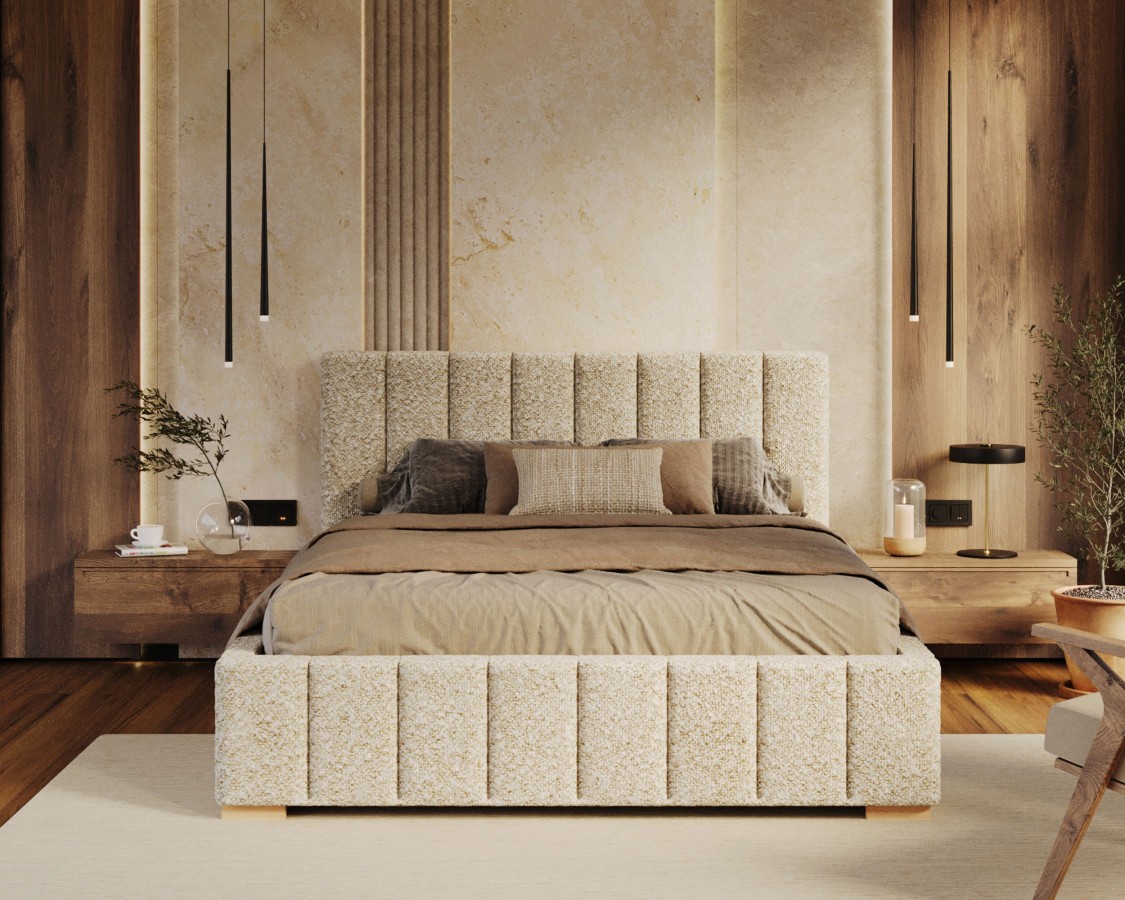 Łóżko tapicerowane AUSTIN z pojemnikiem i stelażem podnoszonym - 160x200 - PARIS - White