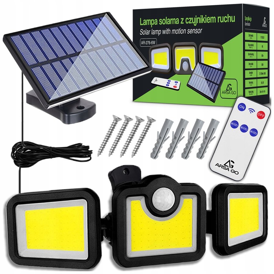 Lampa Solarna 3W1 Led Z Czujnikiem Ruchu Zmierzchu Cob Pilot Osobny Panel