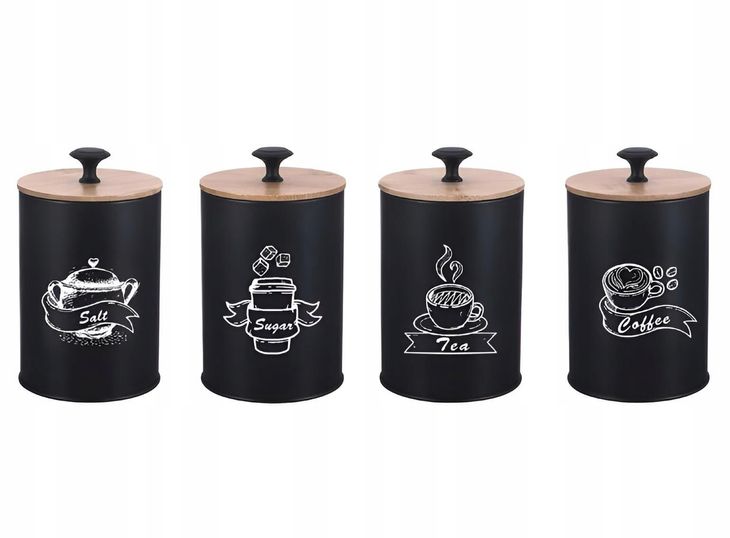 Komplet 4 Pojemników Zestaw Kawa Herbata Sól Cukier Metal + Bambus