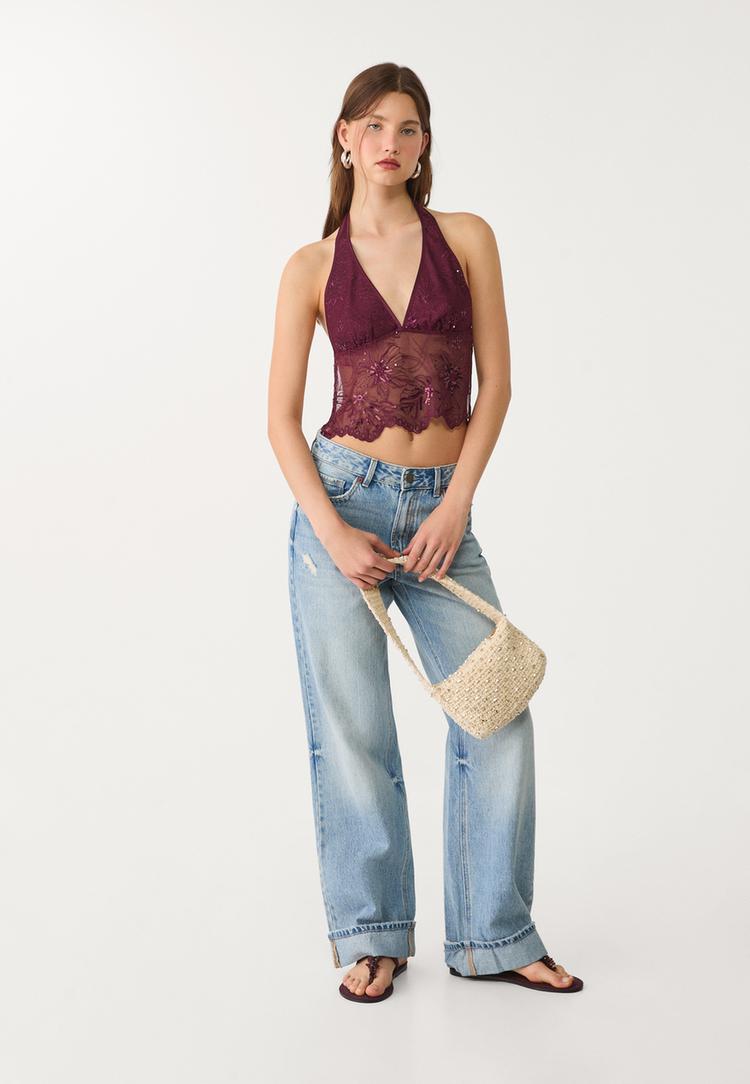 Stradivarius Top z dekoltem halter, haftowany z błyszczącymi detalami Fioletowy M